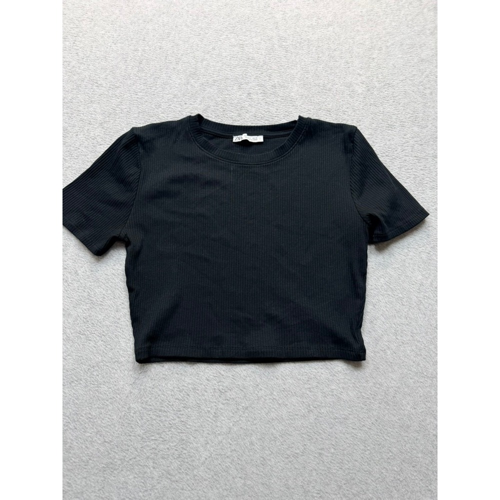 Zara Womens Black Ribbed Short Sleeve Crew Neck Crop Top Tee Size Medium